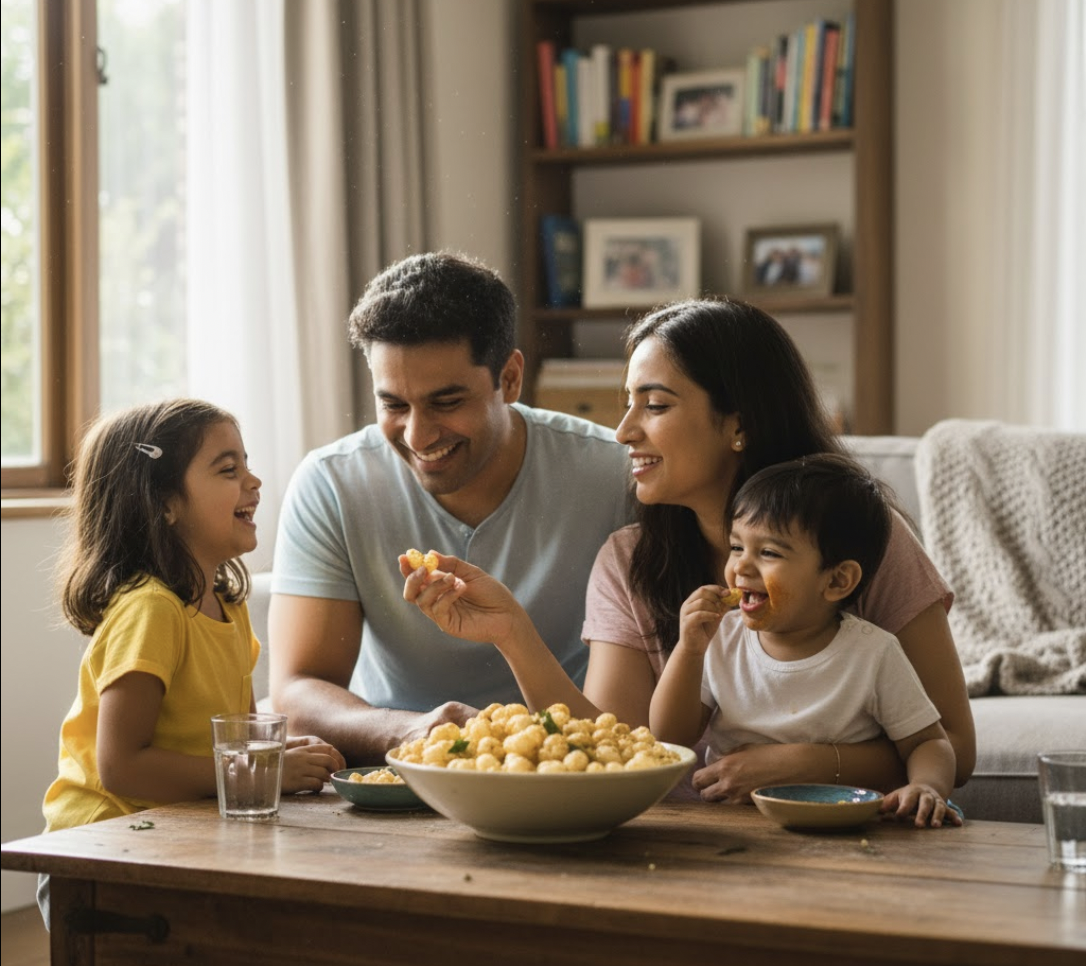 Happy family enjoying foxnuts